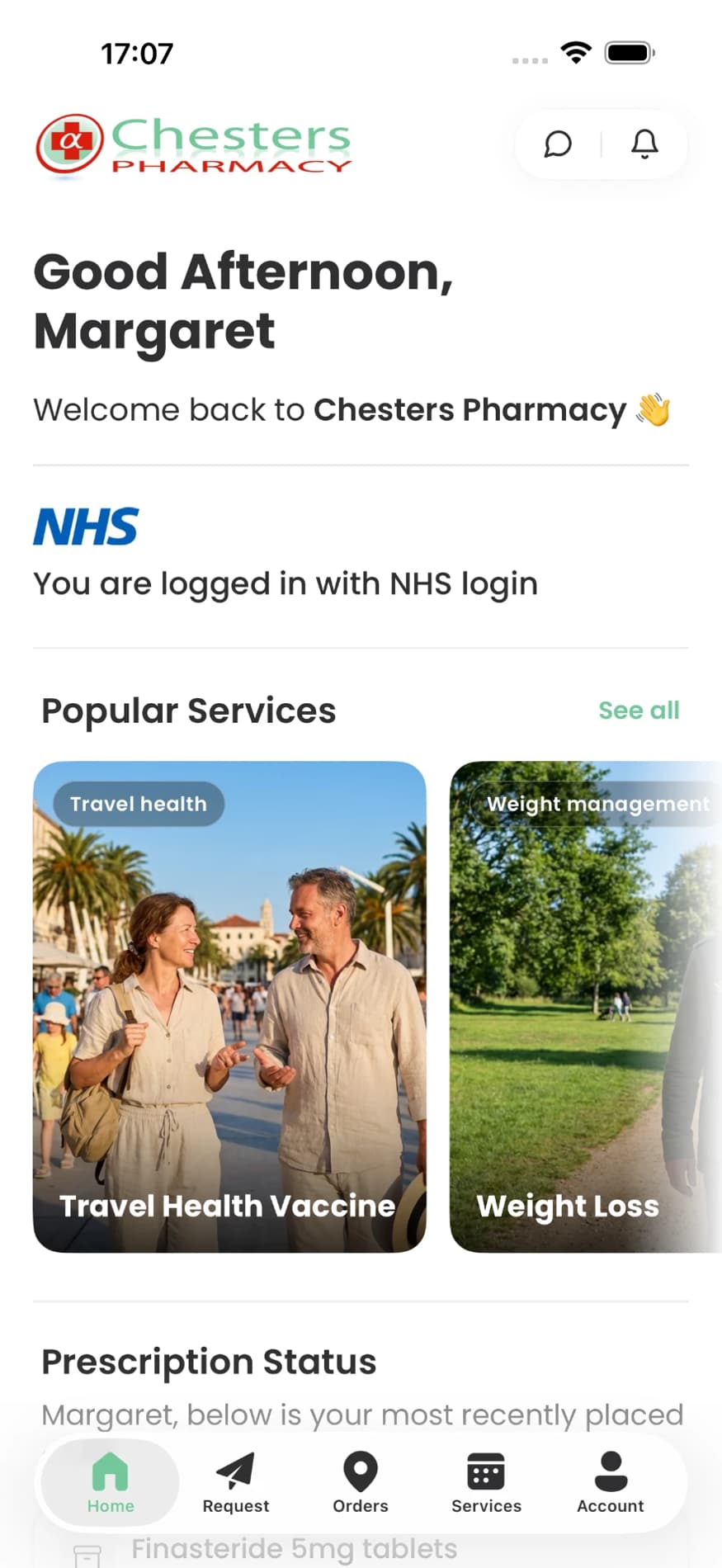 Chesters Pharmacy patient app home screen